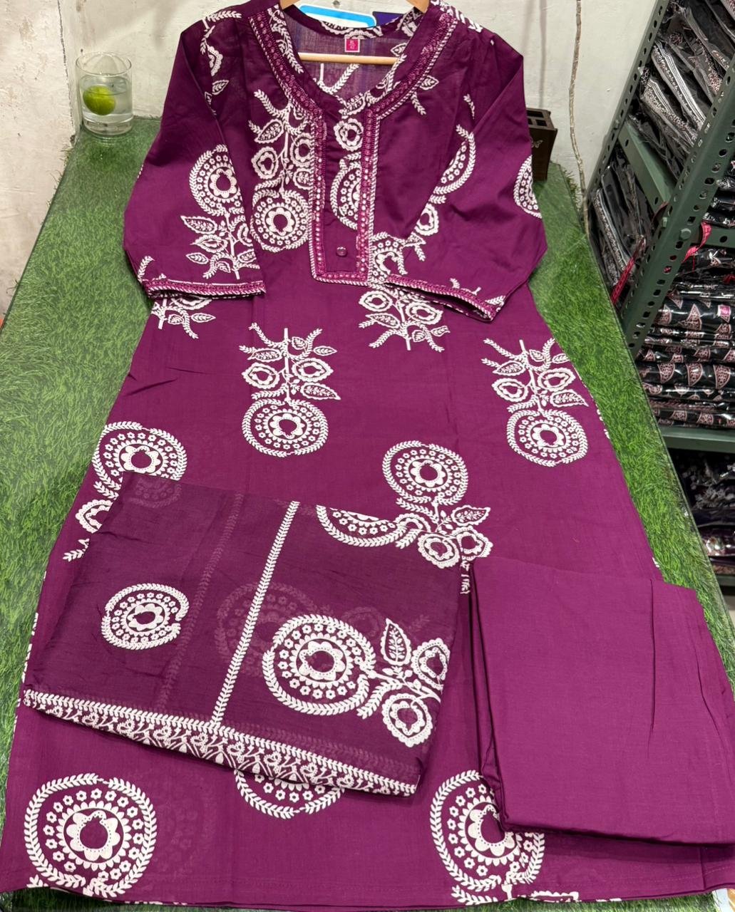 Wine Cotton Kurti Pant Dupatta Set with Embroidery